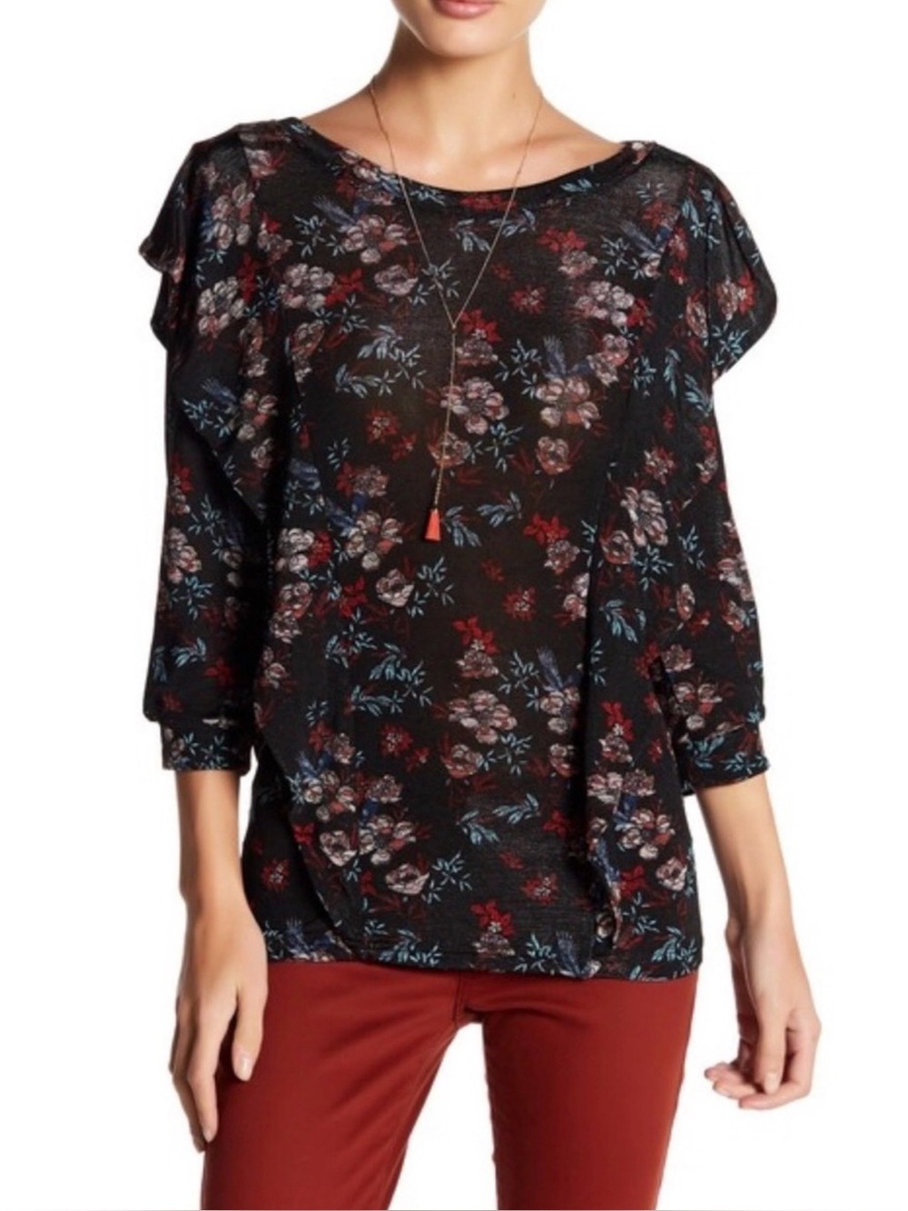 Free People Black and Floral Ruffled Sleeve Blouse Casual Lightweight Comfy